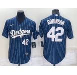 Men's Los Angeles Dodgers #42 Jackie Robinson Number Navy Blue Pinstripe Stitched MLB Cool Base Nike Jersey