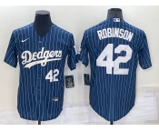 Men's Los Angeles Dodgers #42 Jackie Robinson Number Navy Blue Pinstripe Stitched MLB Cool Base Nike Jersey
