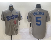 Men's Los Angeles Dodgers #5 Freddie Freeman Gray 2024 World Series With No. 34 Patch Limited Stitched Baseball Jersey