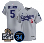 Men's Los Angeles Dodgers #5 Freddie Freeman Grey 2024 World Series With Fernando Memorial Patch Limited Stitched Baseball Jersey