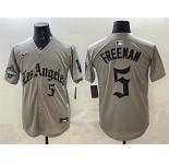 Men's Los Angeles Dodgers #5 Freddie Freeman Grey LA Gothic Style With 2025 World Series Champions Patch Limited Stitched Baseball Jersey