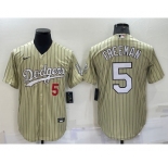 Men's Los Angeles Dodgers #5 Freddie Freeman Number Cream Pinstripe Stitched MLB Cool Base Nike Jersey