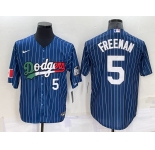 Mens Los Angeles Dodgers #5 Freddie Freeman Number Navy Blue Pinstripe 2020 World Series Cool Base Nike Jersey