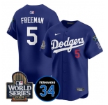 Men's Los Angeles Dodgers #5 Freddie Freeman Royal 2024 World Series With Fernando Memorial Patch Limited Stitched Baseball Jersey