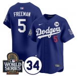 Men's Los Angeles Dodgers #5 Freddie Freeman Royal 2024 World Series With No. 34 Patch Cool Base Stitched Baseball Jersey