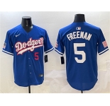 Men's Los Angeles Dodgers #5 Freddie Freeman Royal With American Flag Patch Limited Stitched Baseball Jersey