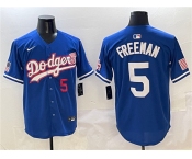 Men's Los Angeles Dodgers #5 Freddie Freeman Royal With American Flag Patch Limited Stitched Baseball Jersey