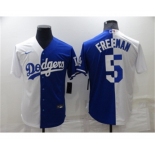Mens Los Angeles Dodgers #5 Freddie Freeman White Blue Split Cool Base Stitched Baseball Jersey