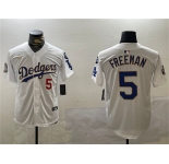 Men's Los Angeles Dodgers #5 Freddie Freeman White Gold 2024 World Series With Fernando Memorial Patch Home Limited Stitched Baseball Jersey