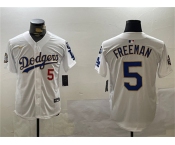 Men's Los Angeles Dodgers #5 Freddie Freeman White Gold 2024 World Series With Fernando Memorial Patch Home Limited Stitched Baseball Jersey