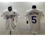 Men's Los Angeles Dodgers #5 Freddie Freeman White Gold 2024 World Series With No. 34 Patch Home Limited Stitched Baseball Jersey