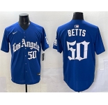 Men's Los Angeles Dodgers #50 Mookie Betts Blue 2025 LA Gothic Style With Fernando Patch Vapor Premier Limited Stitched Baseball Jersey