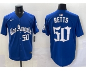 Men's Los Angeles Dodgers #50 Mookie Betts Blue 2025 LA Gothic Style With Fernando Patch Vapor Premier Limited Stitched Baseball Jersey