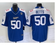 Men's Los Angeles Dodgers #50 Mookie Betts Blue Vin Scully Patch Stitched Jersey