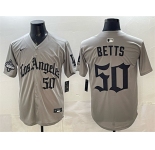 Men's Los Angeles Dodgers #50 Mookie Betts Grey LA Gothic Style With 2025 World Series Champions Patch Limited Stitched Baseball Jersey