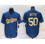 Men's Los Angeles Dodgers #50 Mookie Betts Navy Blue Gold Pinstripe Stitched MLB Cool Base Nike Jersey