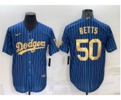 Men's Los Angeles Dodgers #50 Mookie Betts Navy Blue Gold Pinstripe Stitched MLB Cool Base Nike Jersey