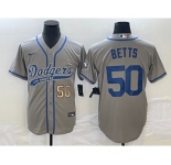 Men's Los Angeles Dodgers #50 Mookie Betts Number Grey With Patch Cool Base Stitched Baseball Jersey