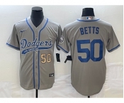 Men's Los Angeles Dodgers #50 Mookie Betts Number Grey With Patch Cool Base Stitched Baseball Jersey