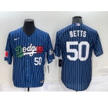 Mens Los Angeles Dodgers #50 Mookie Betts Number Navy Blue Pinstripe 2020 World Series Cool Base Nike Jersey