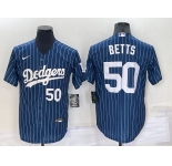 Men's Los Angeles Dodgers #50 Mookie Betts Number Navy Blue Pinstripe Stitched MLB Cool Base Nike Jersey