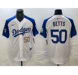Mens Los Angeles Dodgers #50 Mookie Betts Number White Blue Fashion Stitched Cool Base Limited Jersey