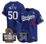 Men's Los Angeles Dodgers #50 Mookie Betts Royal 2024 World Series With Fernando Memorial Patch Limited Stitched Baseball Jersey