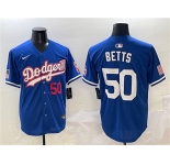Men's Los Angeles Dodgers #50 Mookie Betts Royal With American Flag Patch Limited Stitched Baseball Jersey