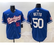Men's Los Angeles Dodgers #50 Mookie Betts Royal With American Flag Patch Limited Stitched Baseball Jersey