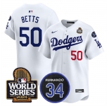 Men's Los Angeles Dodgers #50 Mookie Betts White 2024 World Series With Fernando Memorial Patch Limited Stitched Baseball Jersey