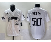 Men's Los Angeles Dodgers #50 Mookie Betts White 2025 LA Gothic Style With 2024 World Series Champions Patch Vapor Premier Limited Stitched Baseball Jersey