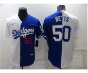 Mens Los Angeles Dodgers #50 Mookie Betts White Blue Split Cool Base Stitched Baseball Jersey