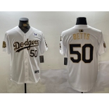 Mens Los Angeles Dodgers #50 Mookie Betts White Gold 2024 World Series With Fernando Memorial Patch Limited Stitched Baseball Jersey