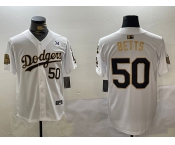 Mens Los Angeles Dodgers #50 Mookie Betts White Gold 2024 World Series With Fernando Memorial Patch Limited Stitched Baseball Jersey