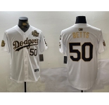 Men's Los Angeles Dodgers #50 Mookie Betts White Gold 2024 World Series With Fernando Memorial Patch Limited Stitched Baseball Jerseys