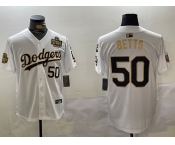Men's Los Angeles Dodgers #50 Mookie Betts White Gold 2024 World Series With Fernando Memorial Patch Limited Stitched Baseball Jerseys