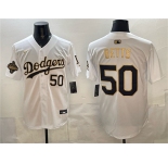 Men's Los Angeles Dodgers #50 Mookie Betts White Gold 2025 World Series Champions Patch Limited Stitched Baseball Jersey