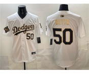 Men's Los Angeles Dodgers #50 Mookie Betts White Gold 2025 World Series Champions Patch Limited Stitched Baseball Jersey