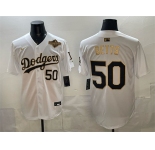 Men's Los Angeles Dodgers #50 Mookie Betts White Gold 2025 World Series Patch Limited Stitched Baseball Jersey