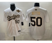 Men's Los Angeles Dodgers #50 Mookie Betts White Gold 2025 World Series Patch Limited Stitched Baseball Jersey