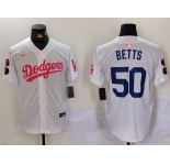Men's Los Angeles Dodgers #50 Mookie Betts White Pink Vin & Kobe Patch Stitched Baseball Jersey1