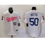 Men's Los Angeles Dodgers #50 Mookie Betts White Pink Vin & Kobe Patch Stitched Baseball Jerseys