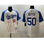Men's Los Angeles Dodgers #50 Mookie Betts White Royal 2025 Tokyo Series Limited Stitched Baseball Jersey