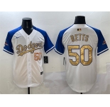 Men's Los Angeles Dodgers #50 Mookie Betts White Royal Gold 2024 World Series Champions Vapor Limited Stitched Baseball Jersey