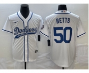 Men's Los Angeles Dodgers #50 Mookie Betts White With Patch Cool Base Stitched Baseball Jersey