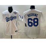 Men's Los Angeles Dodgers #68 Dalton Rushing White 2025 World Series Patch Cool Base Stitched Baseball Jersey