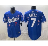 Men's Los Angeles Dodgers #7 Blake Snell Royal 2025 World Series Champions Patch Tokyo Series Limited Stitched Baseball Jersey