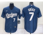 Men's Los Angeles Dodgers #7 Julio Urias Number Navy Blue Pinstripe Stitched MLB Cool Base Nike Jersey