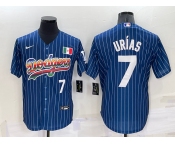 Men's Los Angeles Dodgers #7 Julio Urias Number Rainbow Navy Blue Pinstripe Mexico Cool Base Nike Jersey