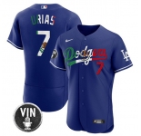 Men's Los Angeles Dodgers #7 Julio Urias Royal Mexico Special Vin Scully Patch Flex Base Stitched Baseball Jersey